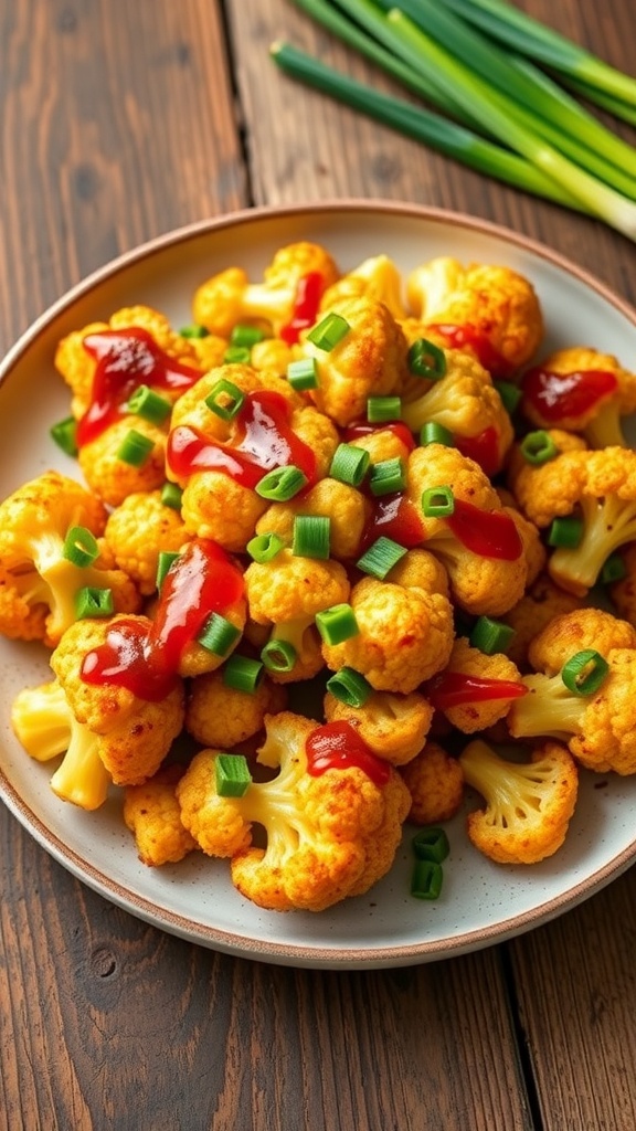 Roasted cauliflower topped with cheese and special sauce, garnished with green onions, on a wooden table.